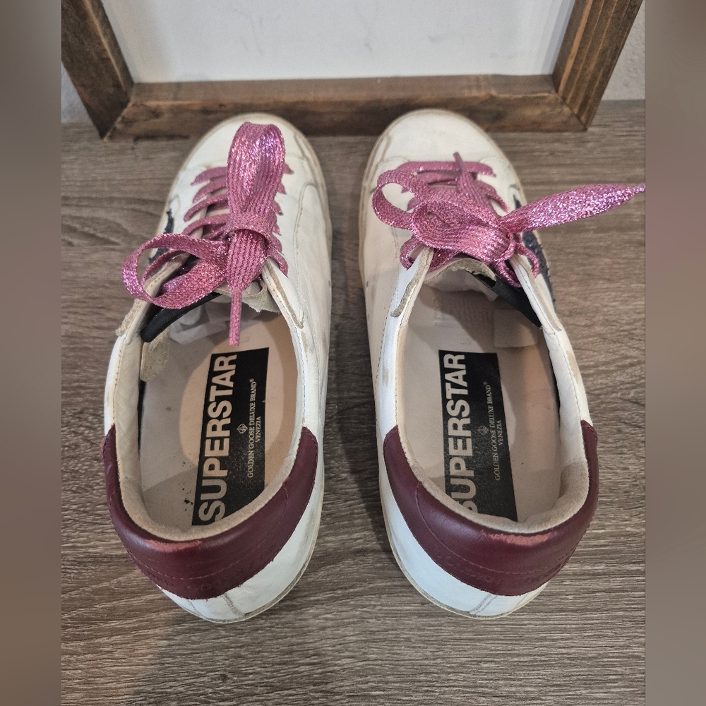 Golden Goose White Sneakers with Purple Star and Pink Laces - Picture 3 of 6